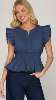 Cotton Ruffle Sleeve Peplum Top