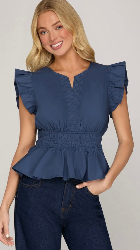 Cotton Ruffle Sleeve Peplum Top