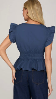 Cotton Ruffle Sleeve Peplum Top