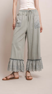 Eyelet Ruffle Washed Cotton Wide Leg Pants