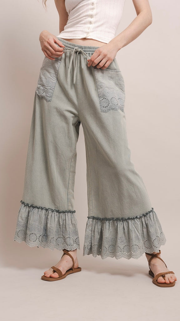 Eyelet Ruffle Washed Cotton Wide Leg Pants