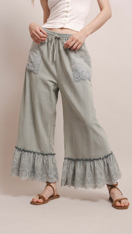 Eyelet Ruffle Washed Cotton Wide Leg Pants
