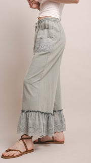 Eyelet Ruffle Washed Cotton Wide Leg Pants