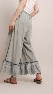 Eyelet Ruffle Washed Cotton Wide Leg Pants