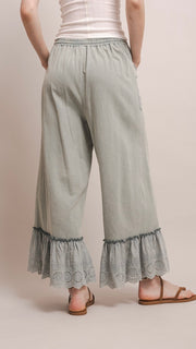 Eyelet Ruffle Washed Cotton Wide Leg Pants