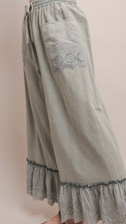 Eyelet Ruffle Washed Cotton Wide Leg Pants