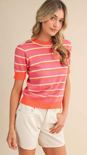 Multi Stripe Short Sleeve Sweater Top