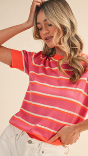 Multi Stripe Short Sleeve Sweater Top