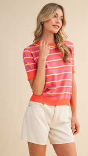 Multi Stripe Short Sleeve Sweater Top