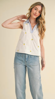Lemon Embroidered Stripe Trim Tank Top
