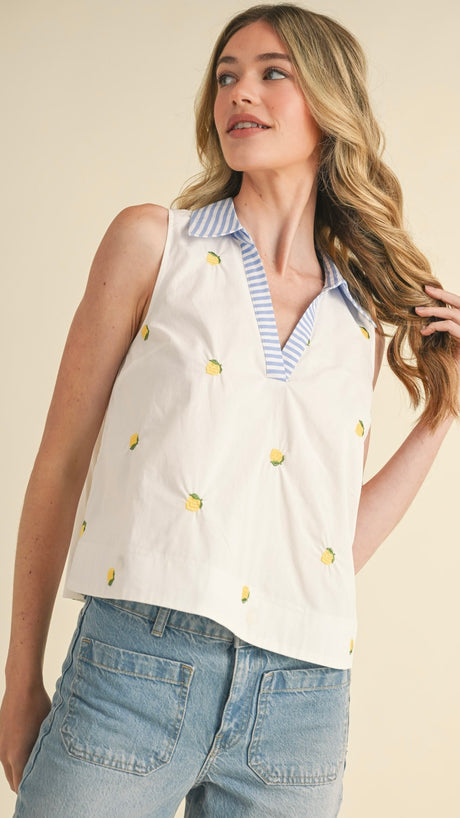 Lemon Embroidered Stripe Trim Tank Top