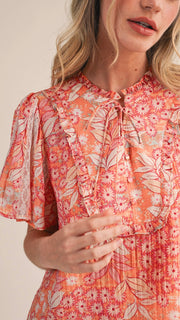 Floral Print Top w/Lace Inset Sleeve