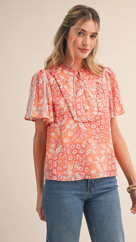 Floral Print Top w/Lace Inset Sleeve