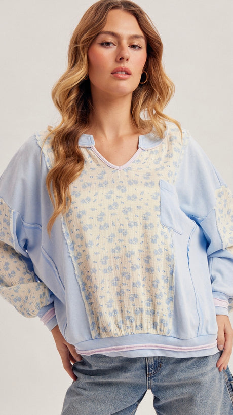 Mixed Fabric Cotton Terry Knit Top