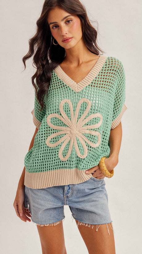 Daisy Patch Open Weave Cotton Sweater