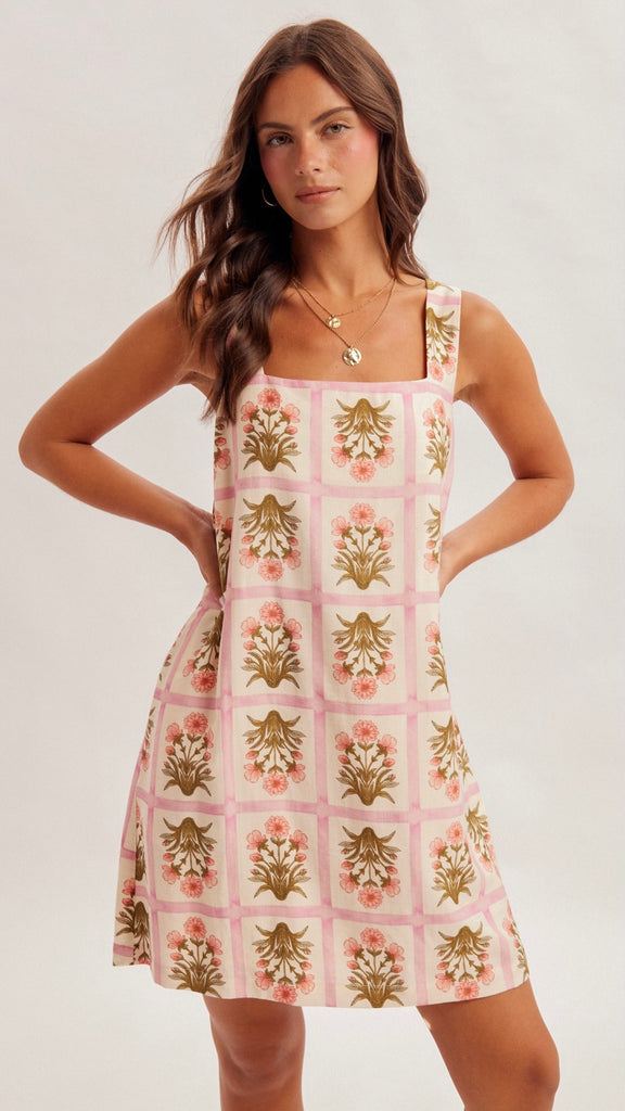Grid Bouquet Shift Dress w/Pockets