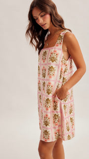 Grid Bouquet Shift Dress w/Pockets