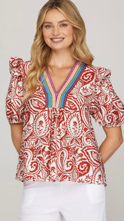 Paisley Print Thread Trim V-Neck Top
