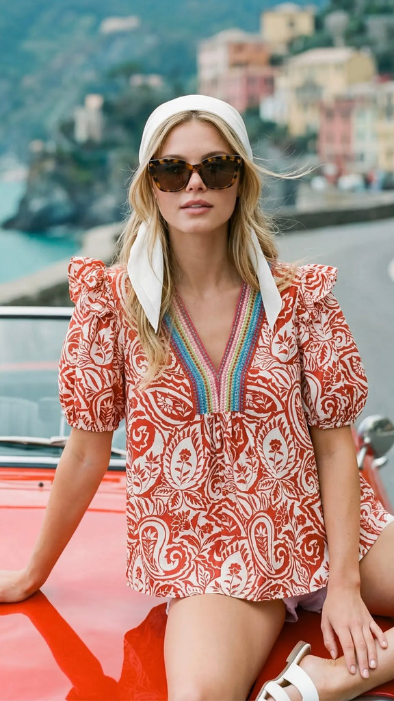 Paisley Print Thread Trim V-Neck Top