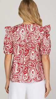 Paisley Print Thread Trim V-Neck Top