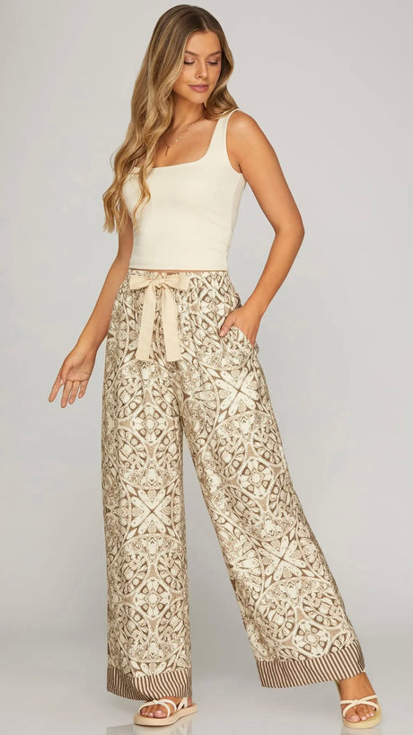 Stripe Hem Medallion Wide Leg Pant