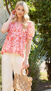 Leaves Print Pintuck Puff Slv Top