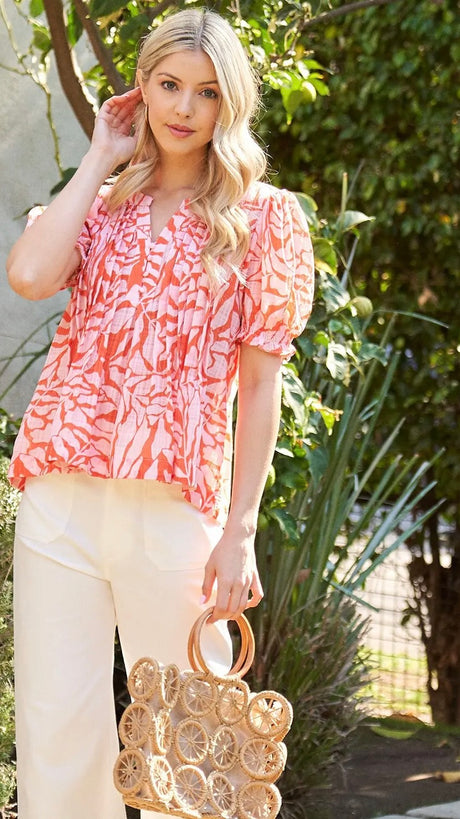 Leaves Print Pintuck Puff Slv Top