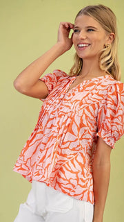 Leaves Print Pintuck Puff Slv Top