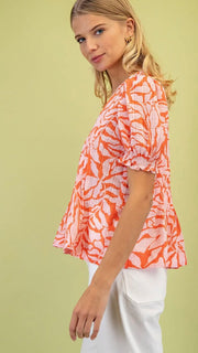 Leaves Print Pintuck Puff Slv Top