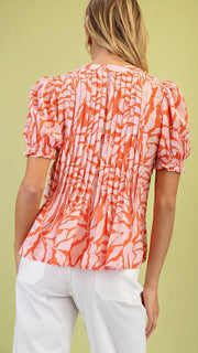 Leaves Print Pintuck Puff Slv Top
