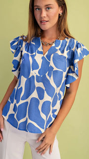 Stitched Flutter Sleeve Split Neck Top