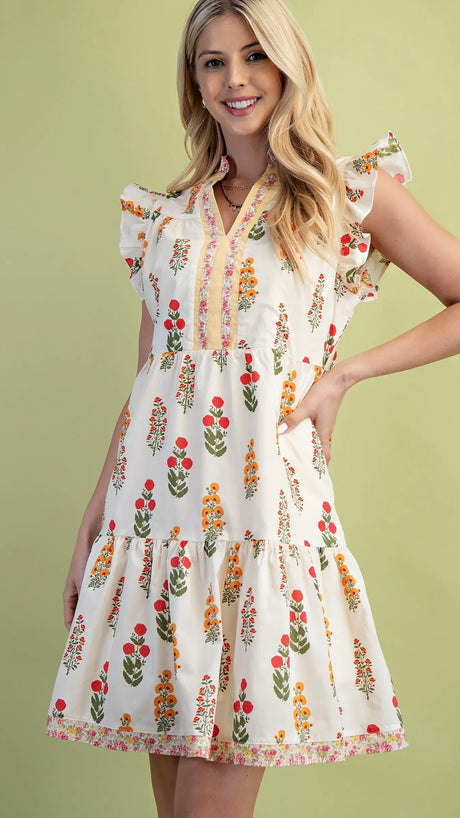 Floral Stems Ruffle Trim Dress
