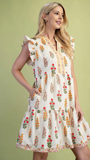 Floral Stems Ruffle Trim Dress