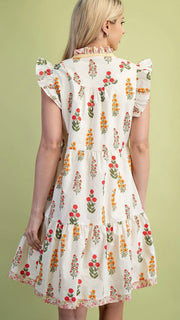 Floral Stems Ruffle Trim Dress
