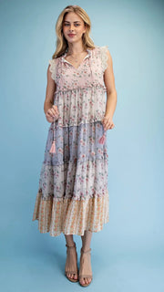 Mixed Floral Lace Trim Midi Dress