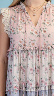 Mixed Floral Lace Trim Midi Dress