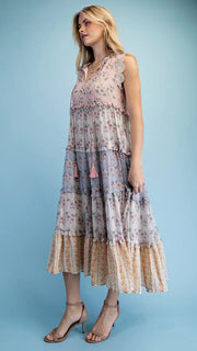 Mixed Floral Lace Trim Midi Dress