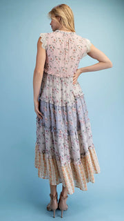 Mixed Floral Lace Trim Midi Dress