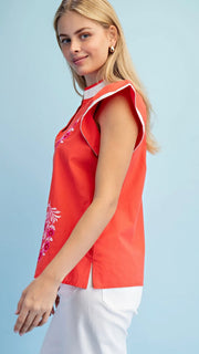 Embroidered Front Ruffle Shoulder Top