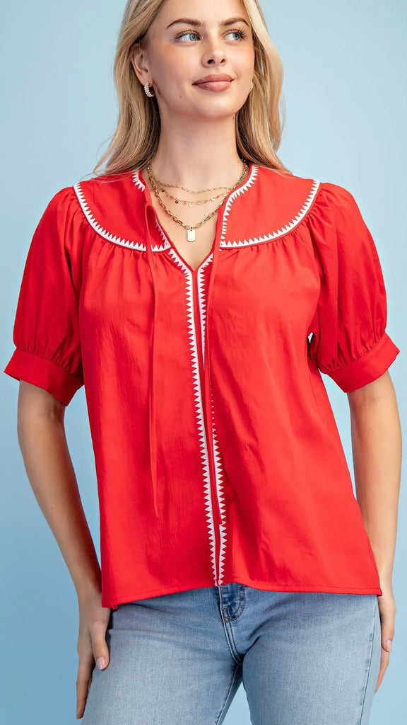 Embroidered Trim Puff Sleeve Top