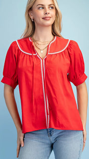 Embroidered Trim Puff Sleeve Top