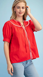 Embroidered Trim Puff Sleeve Top