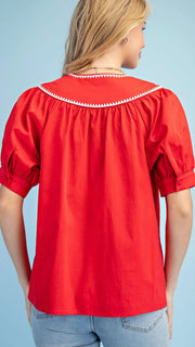 Embroidered Trim Puff Sleeve Top