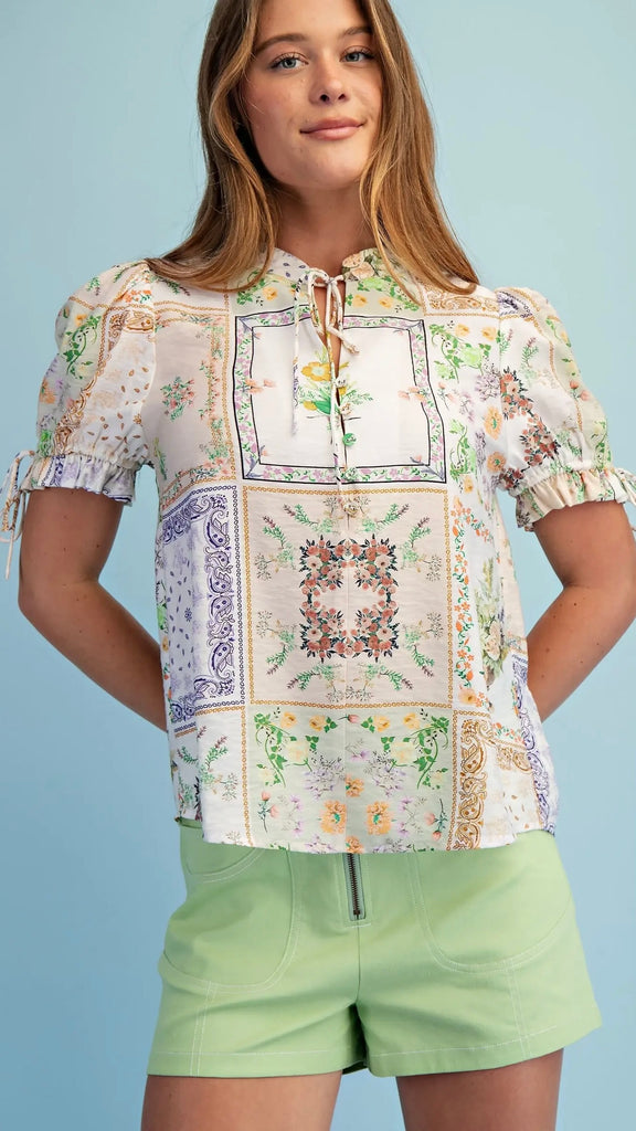 Hankie Print Puff Sleeve Tie Trim Top
