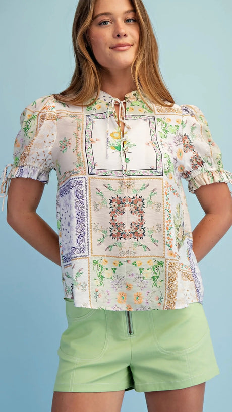 Hankie Print Puff Sleeve Tie Trim Top