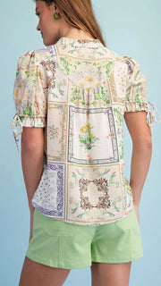 Hankie Print Puff Sleeve Tie Trim Top