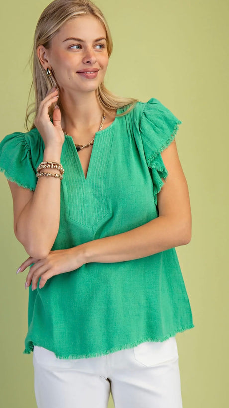 Stitched Trim Ruffle Slv Linen Blend Top