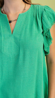 Stitched Trim Ruffle Slv Linen Blend Top