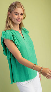 Stitched Trim Ruffle Slv Linen Blend Top