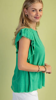 Stitched Trim Ruffle Slv Linen Blend Top